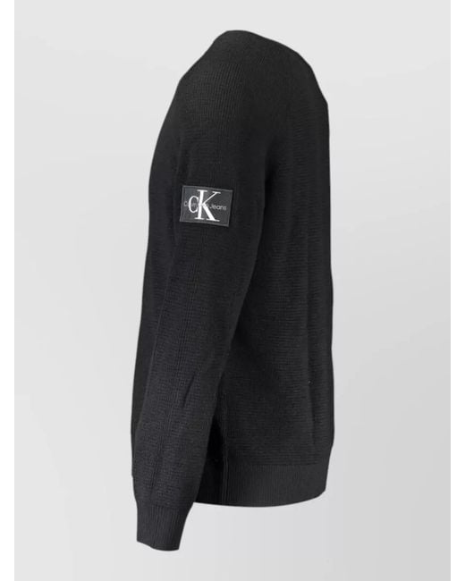 Calvin Klein Black Wool Waffle-Knit Long-Sleeve Crew-Neck Sweater for men