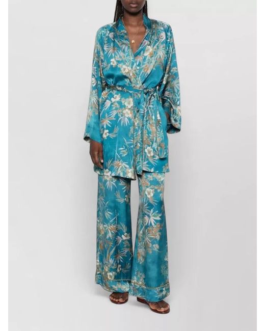 Forte_forte Blue Floral Satin Kimono Robe Piping