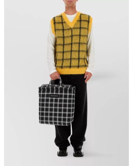 Marni Yellow Ribbed V-Neck Embroidered Check Vest for men