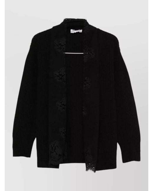 ERMANNO FIRENZE Black Relaxed Ribbed Lace Knit Long Sleeve Layer