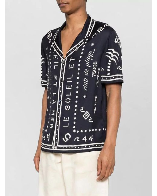 Balmain Blue Short Sleeve Shirt Notched Lapel Graphic Print for men