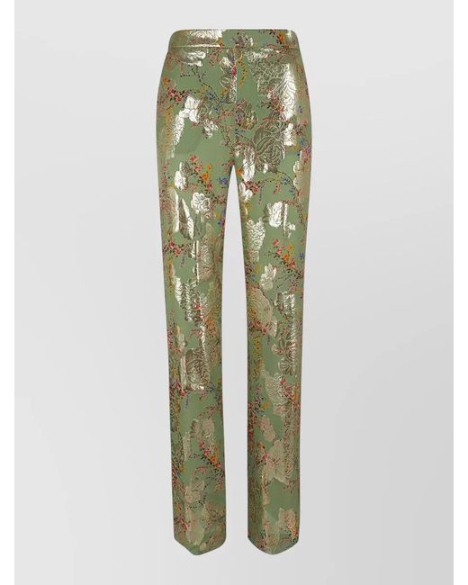 Valentino Garavani Green Floral High Waist Metallic Straight Leg Pants