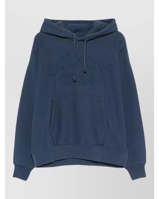 Stussy Blue Hooded Sweater Front Pocket Ribbed Cuffs Hem for men