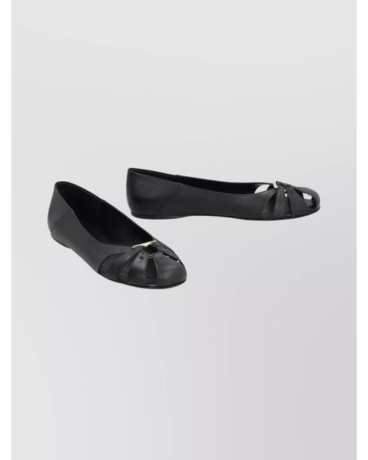 Ferragamo Black Leather Cutout Ballerina Flats