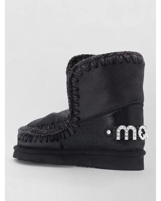 Mou Black Ankle Boots Flat Sole Fur Trim