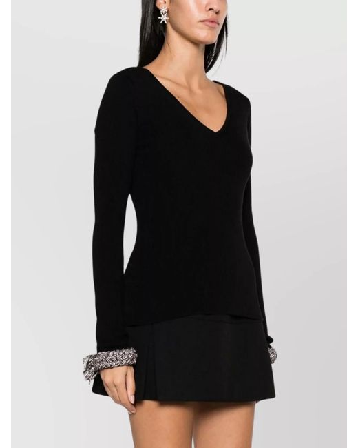 GIUSEPPE DI MORABITO Black Crystal-Embellished Ribbed-Knit Merino Wool V-Neck Top