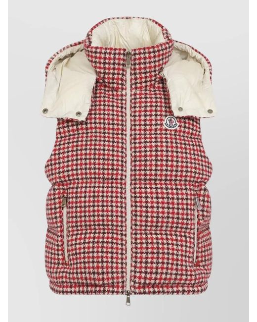 Moncler Red Niverolle Hooded Padded Check Vest Jacket