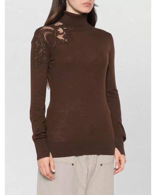Ermanno Scervino Brown Wool Turtleneck Sweater Embroidered Detail Sleeves
