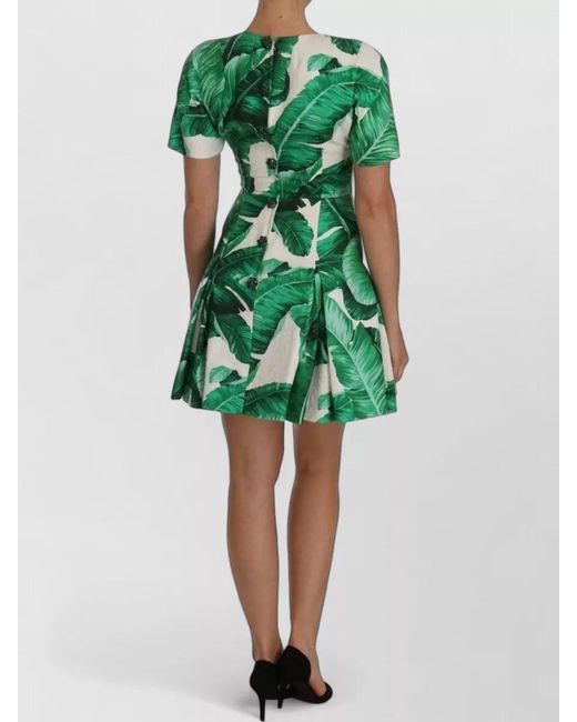 Dolce & Gabbana Green Cotton Silk Banana Leaf Print Mini Dress