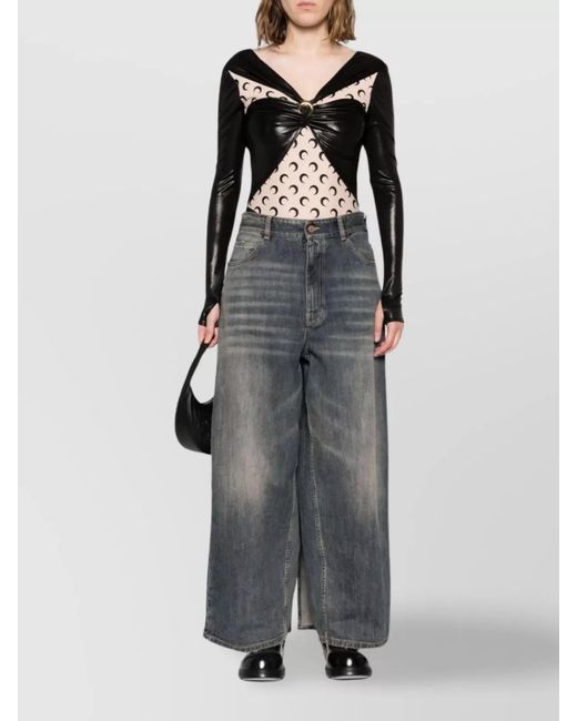 MARINE SERRE Black Draped Printed Viscose Bodysuit