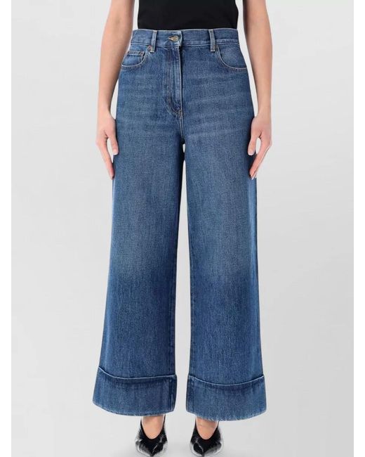 Valentino Garavani Blue Denim Wide Leg Trousers Contrast Stitching Cuffed