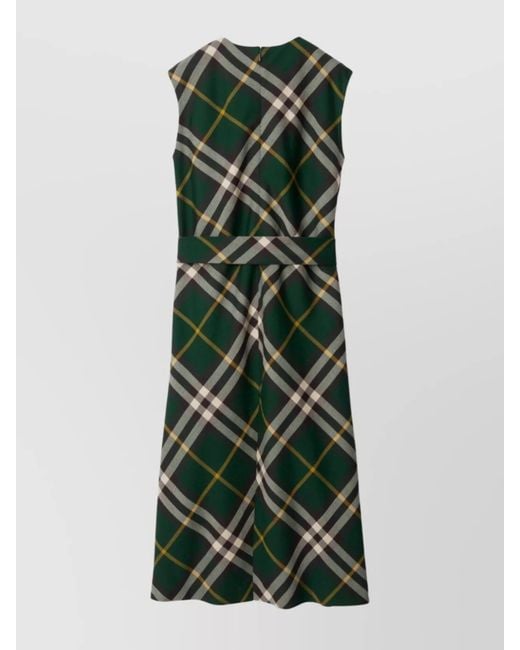 Burberry Green Wool V-Neck Sleeveless Belted Check Midi Dress