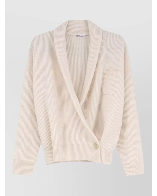 Brunello Cucinelli Natural Shawl Collar Ribbed Top Dropped Shoulders