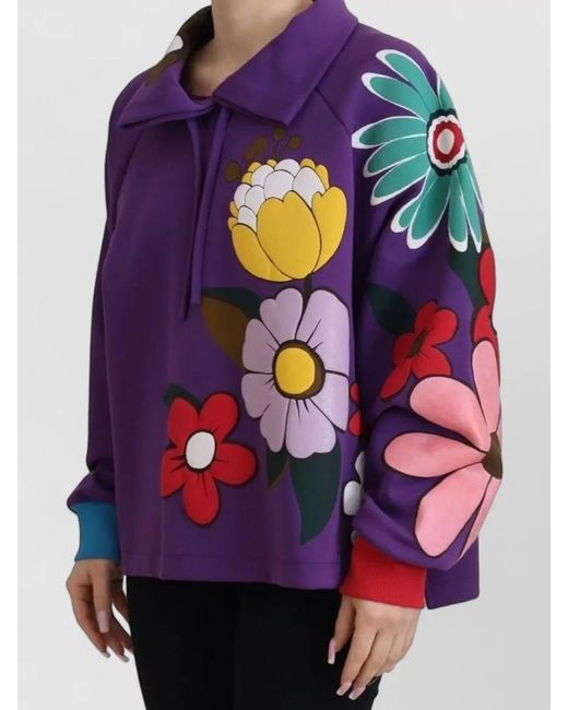Dolce & Gabbana Purple Floral Print Pullover Cotton Blend Sweater