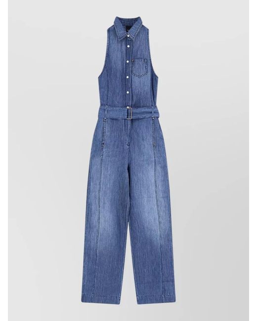 Pinko Blue Visione Denim Jumpsuit Sleeveless Wide Leg