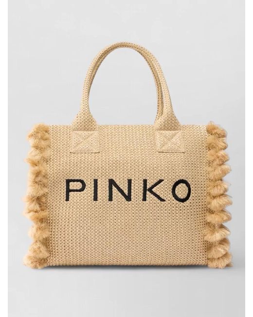 Pinko Natural Tote Bag Fringe Detailing Silk Fabric Woven