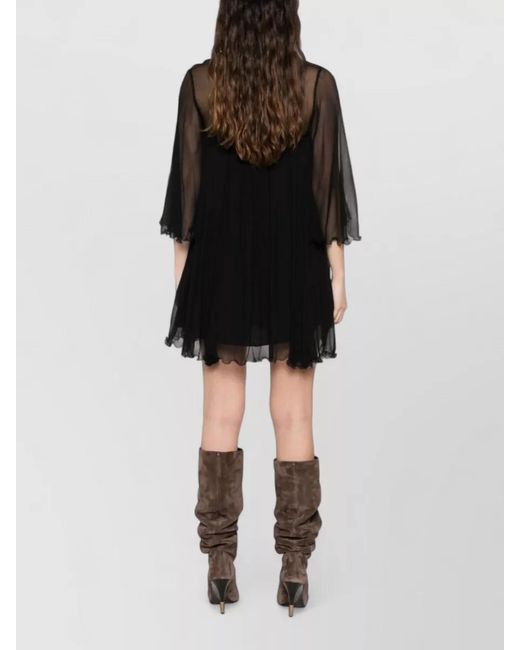 Chloé Black Silk Gathered Long-Sleeve Mini Dress