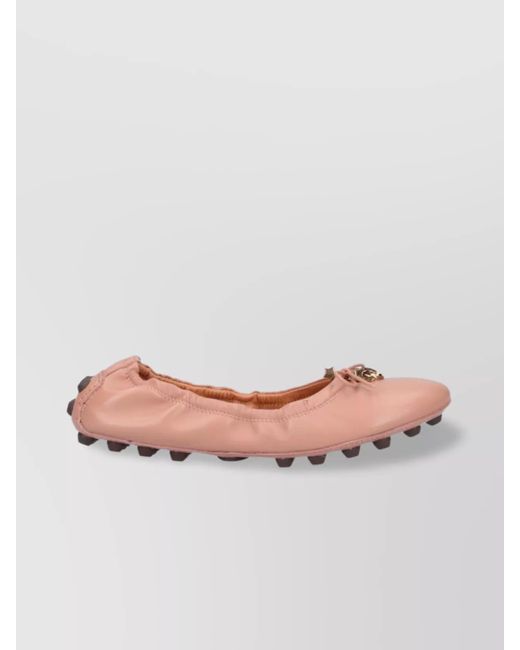 Tod's Pink Round Toe Ballerina Shoes With Bow And Charm Detail