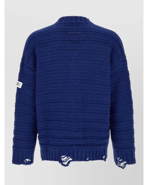MM6 by Maison Margiela Blue Wool Cardigan Distressed Hem Ribbed Texture for men