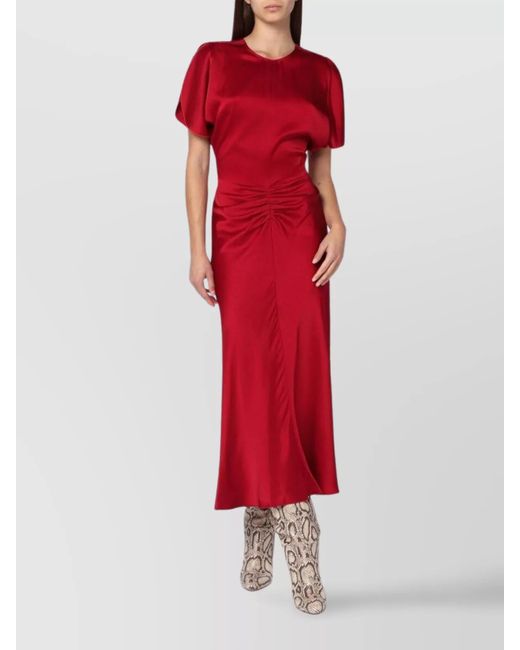 Victoria Beckham Red Ruched Waist Satin Midi Dress