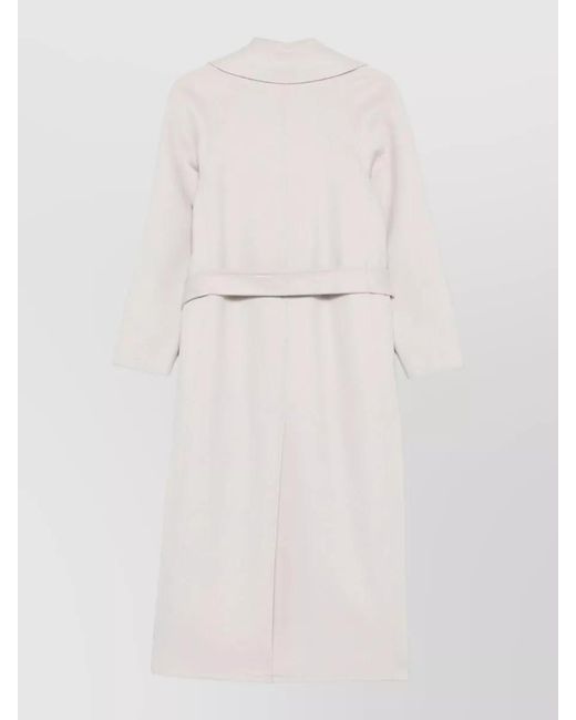 Paltò White Long Coat Belted Waist Notched Lapels