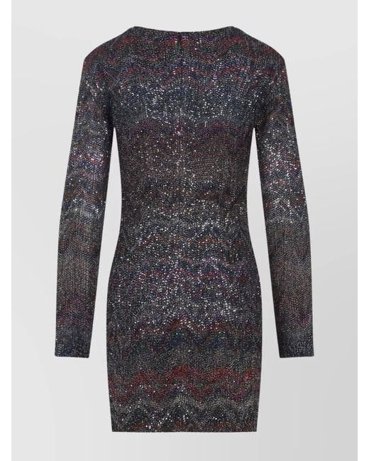 Missoni Blue Metallic Knit Zigzag V-Neck Long-Sleeve Mini Dress