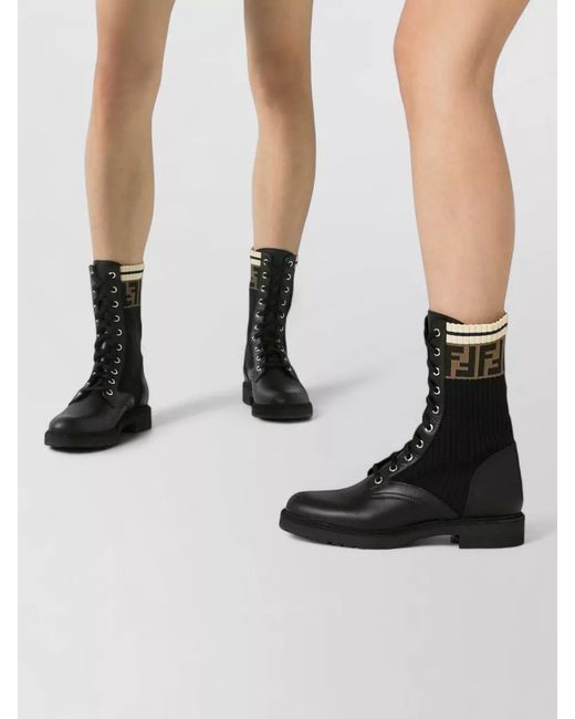 Fendi Black Leather Rockoko Combat Ankle Boots