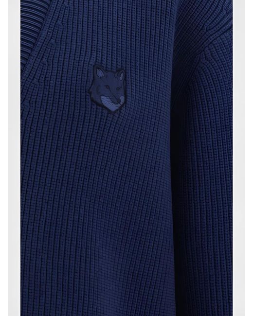 Maison Kitsuné Blue Cotton V-Neck Ribbed Cardigan With Long Sleeves for men