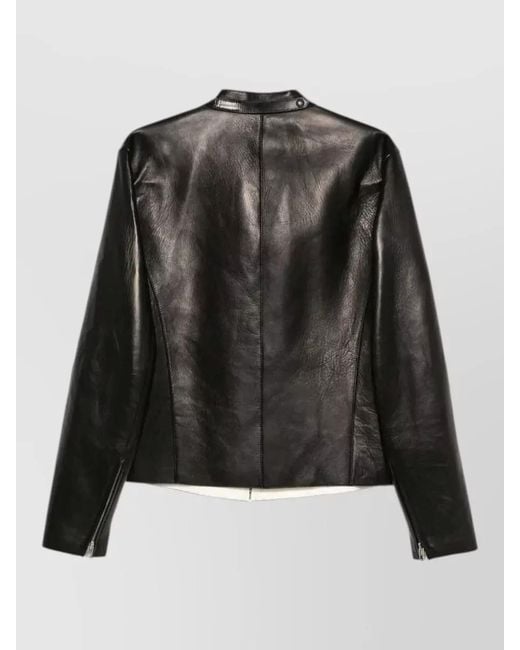 Tom Ford Black Leather Biker Jacket Mandarin Collar Zip Pockets for men