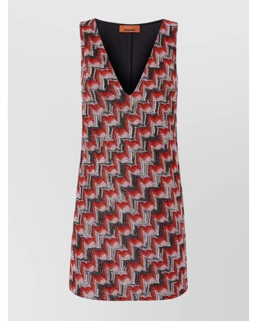 Missoni Red Sleeveless V-Neck Mini Dress Zigzag