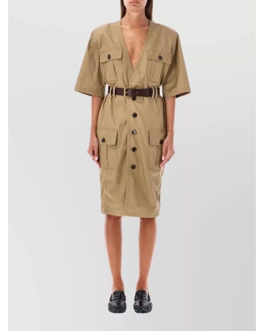 Saint Laurent Natural Cotton Belted V-Neck Short-Sleeve Midi Dress