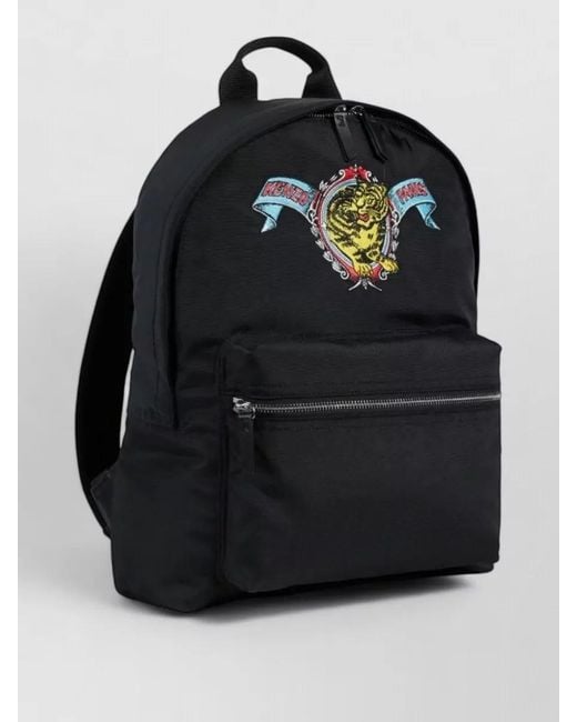 KENZO Black Silk Nylon Backpack Embroidered Design Zip Pocket