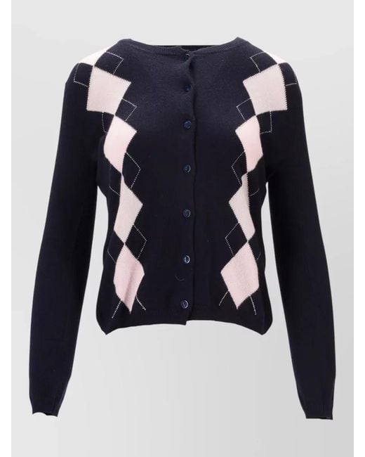 LA ROSE Blue Cardigan Argyle Pattern Long Sleeves Cash