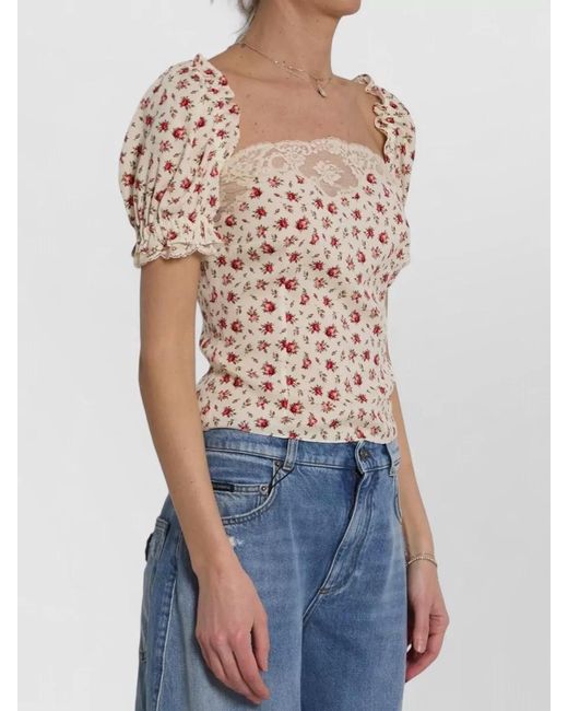 Dolce & Gabbana Blue Charmeuse Top Rose Print Straight Neckline
