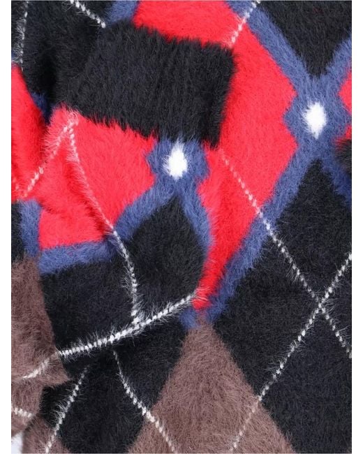 Charles Jeffrey Red Argyle Crew Neck Top Long Sleeves