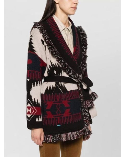 Alanui White Belted Cardigan Long Sleeves Patterned Fringe