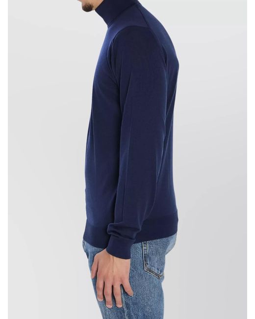 John Smedley Blue Merino Wool Ribbed Turtleneck Jumper for men