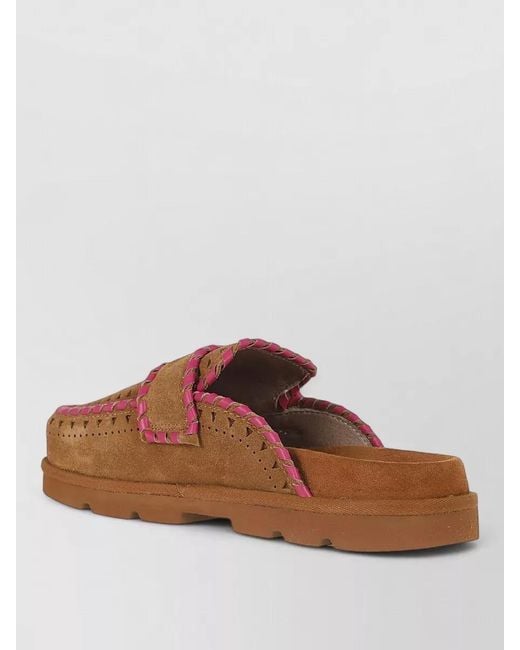 Mou Brown Leather Sabot Slippers Contrast Stitching Sole