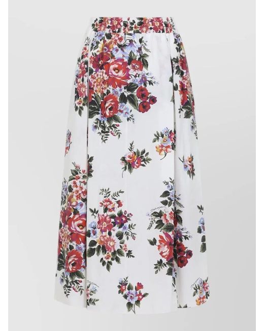 Dolce & Gabbana White Cotton Floral-Print Pleated Midi Skirt