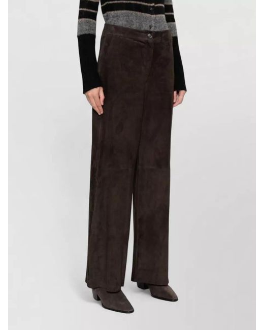 Via Masini 80 Black Leather High Waist Trousers Straight Wide Leg