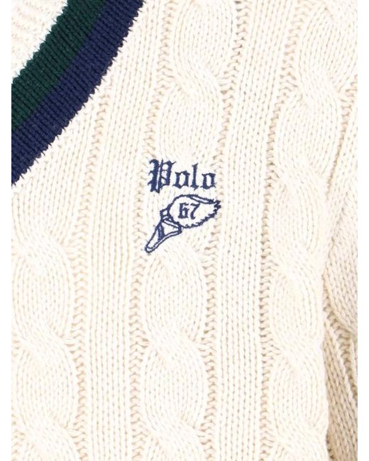 Polo Ralph Lauren Natural Cable Knit V Neck Sweater Contrast Stripes for men