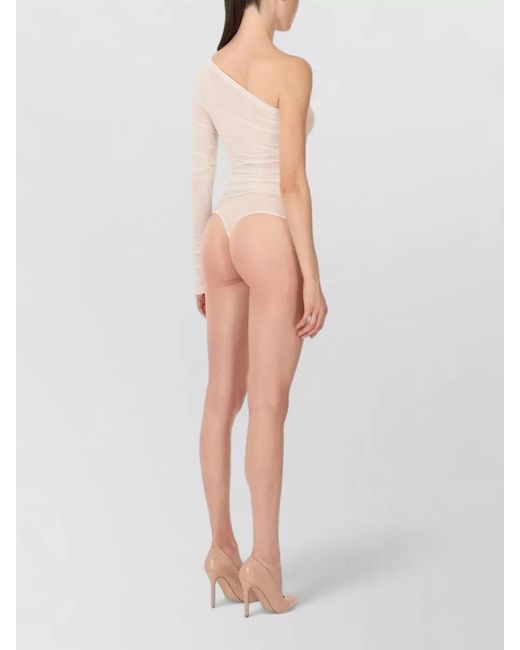 Wolford Natural Sheer Draped One-Shoulder Long-Sleeve Bodysuit