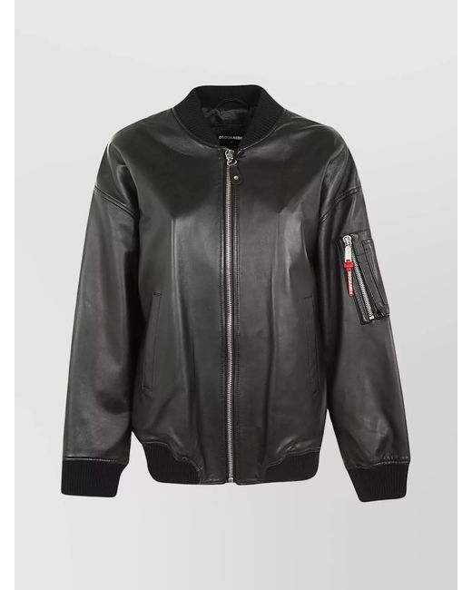 DSquared² Black Leather Bomber Jacket With Ribbed Finish