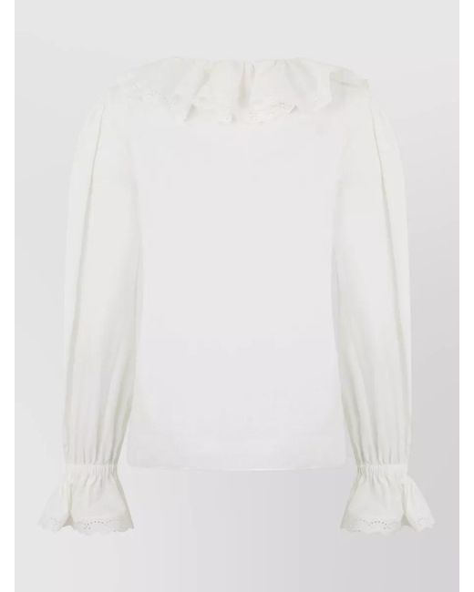 Alberta Ferretti White Cotton Poplin Lace Trim V-Neck Blouse