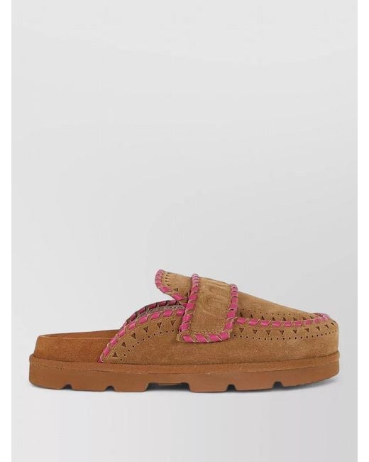 Mou Brown Leather Sabot Slippers Contrast Stitching Sole