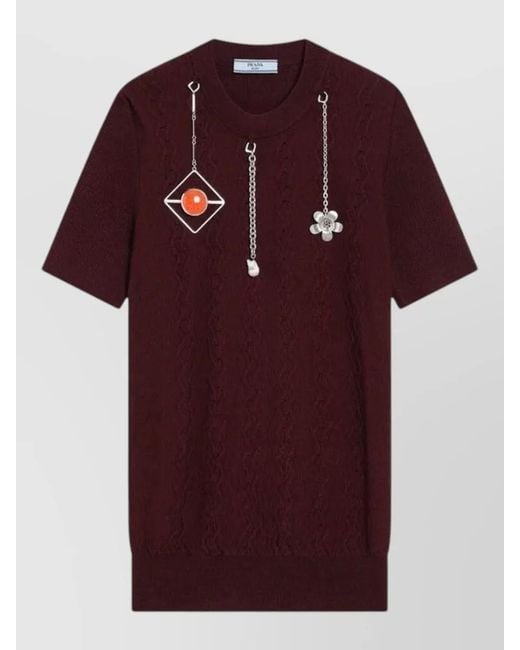 Prada Red Knit Top Round Neck Short Sleeves