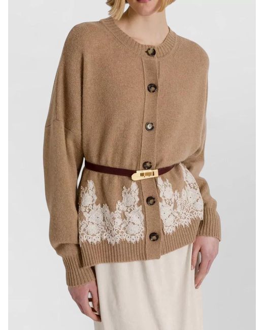 Alberta Ferretti Brown Crew Neck Knit Top Lace Ribbed Edges