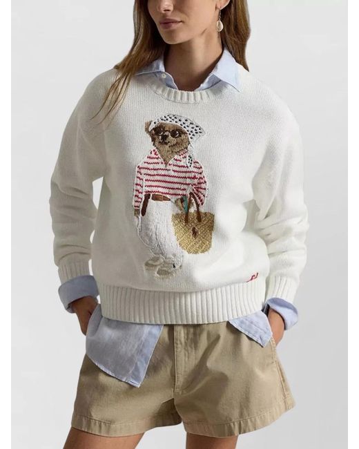 Polo Ralph Lauren White Bear Cotton Crewneck Jumper Long Sleeves