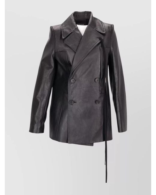 Ann Demeulemeester Black Leather Fitted Double Breasted Peacoat