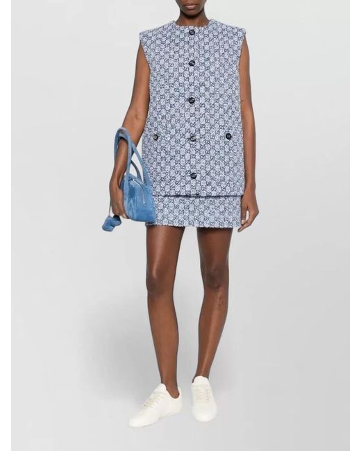 Gucci Blue High Waist Textured Mini Skirt Buttons
